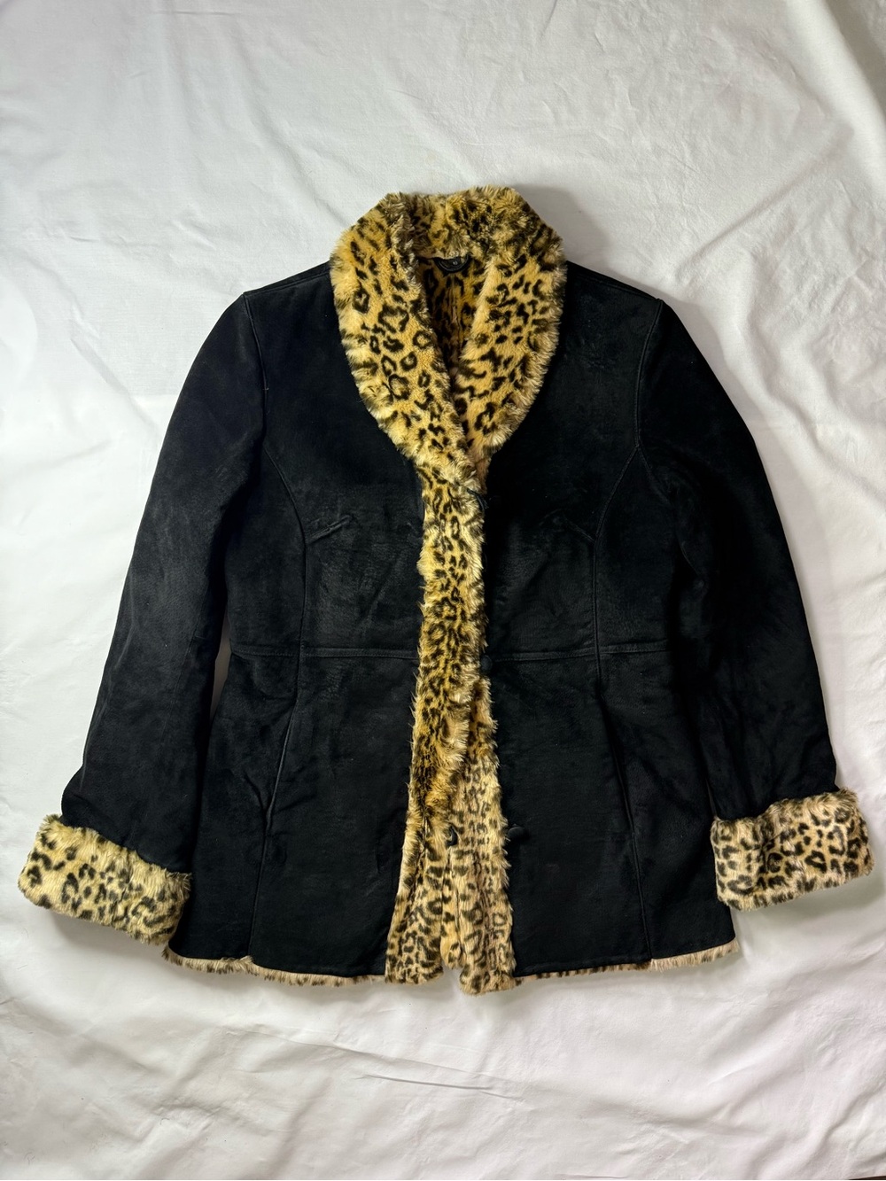 Black Jacket with Leopard Faux-Fur Trim - Women’s Coat